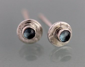 London Blue Topaz Sterling Silver Studs Rustic Recycled Sterlings Silver