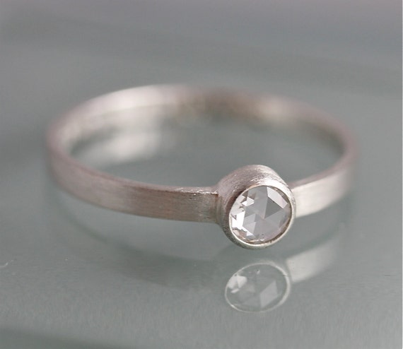 Silver Diamond Engagement Ring Rose Cut 4mm Ethical Diamond Bezel Set 2mm Wide Ring 14k Rose Gold Yellow Gold and 18k Option