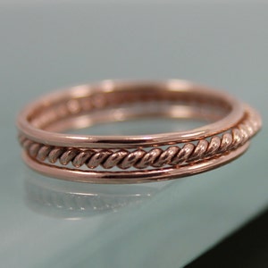 Rose Gold Ring Stack 14k SOLID Gold Set of 3 1 Very Skinny Rope Twist Infinity Ring  2 Thin Round Simple Stacking Band Ring  Shiny Finish