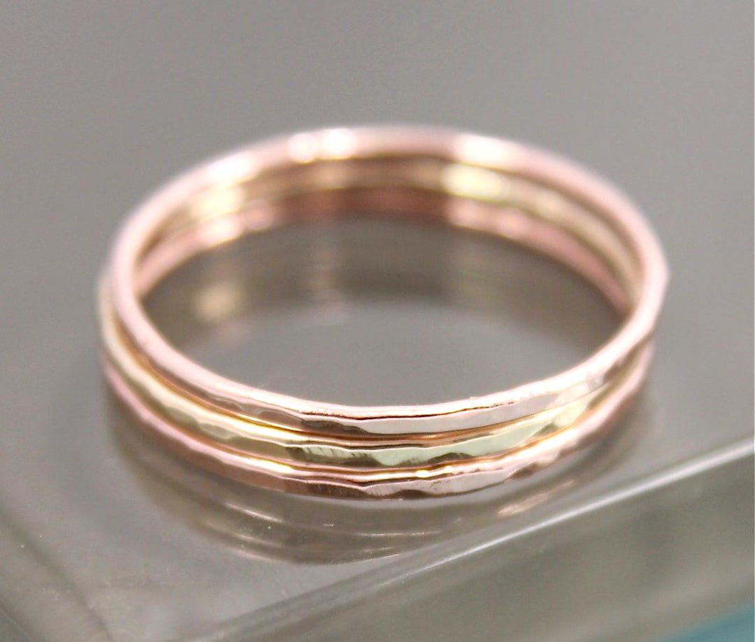 Hammered 14k Gold Stacking Rings Set (2 Rose, 1 Yellow) – Thin Bands - Etsy
