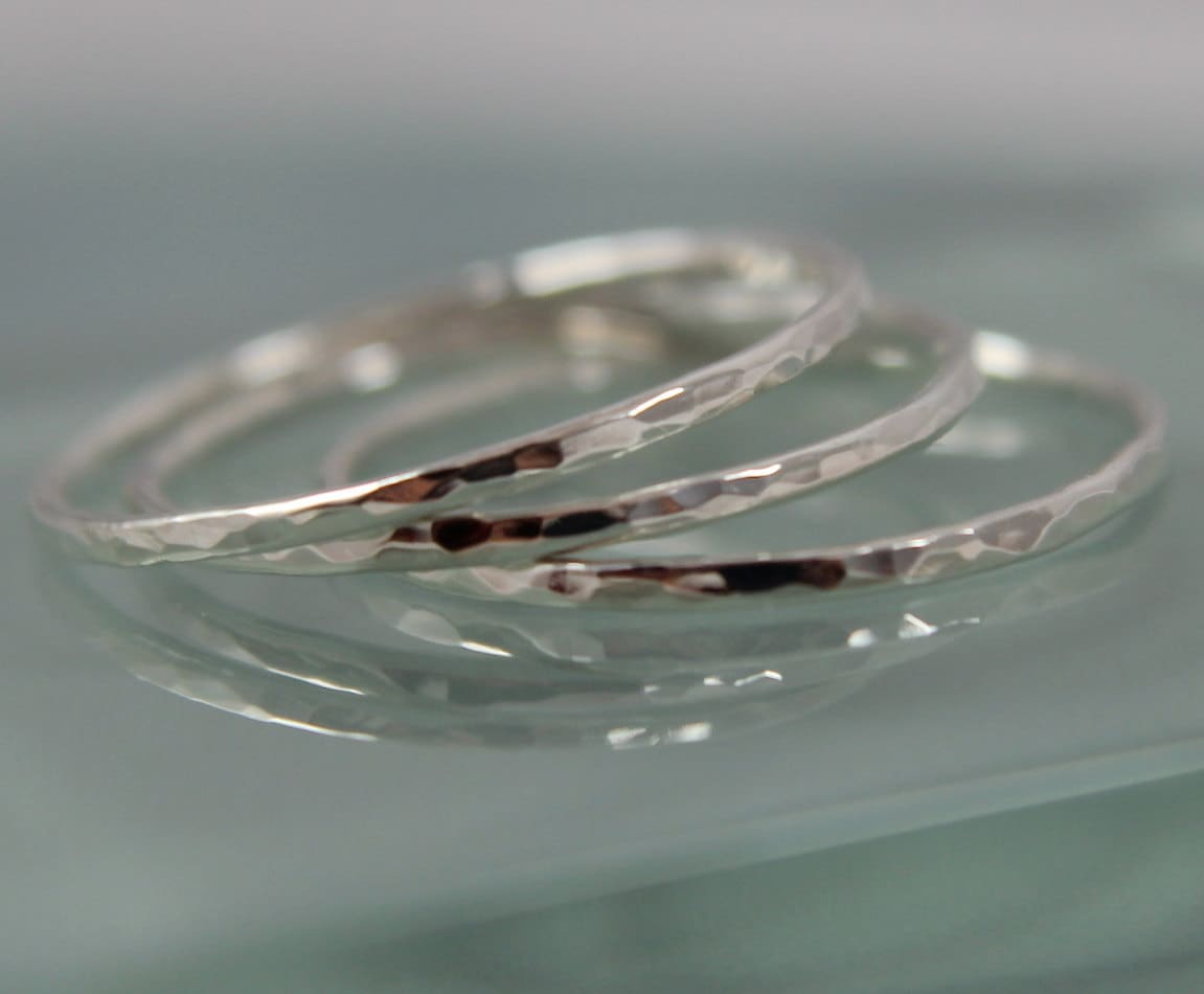 Skinny Silver Stack Rings Sterling Thin Hammered Stacking Band Ring Set ...