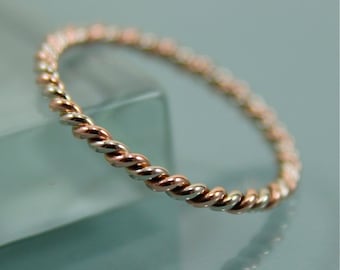 Twist Ring Two Tone 14k SOLID Gold  1.5mm  Twisted Rope Infinity Band Stacking Ring Mixed Metals Rose Gold and White Gold Shiny Finish