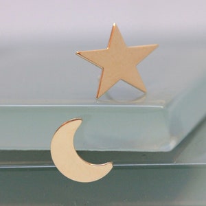 Moon And Star Stud Earrings 14k Solid Gold Tiny Crescent Moon and Star Studs Simple Eco Friendly Jewelry Rose or Yellow Gold