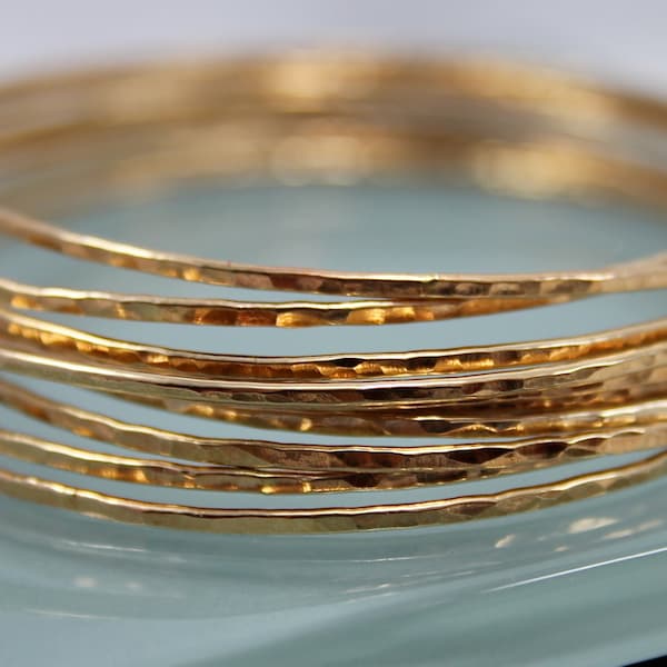 Gold Hammered Bangles Set of 10 14k Gold Filled Sparkle  Bangle Bracelets Bangles Hand Forged Hammer Texture Bright Finish Stacking Bracelet