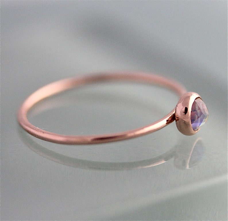 Rainbow Moonstone 14k Rose Gold Ring Birthstone Solid Gold Thin Stacking Band Spacer Ring image 3