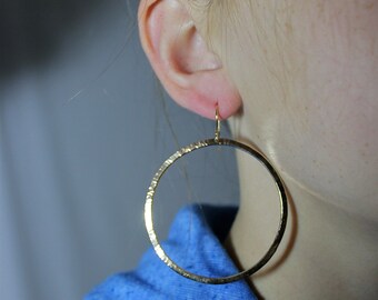 2" SOLID 14K Yellow Gold Large Wavy Hammered Dangle Hoops Recycled Eco-Friendly