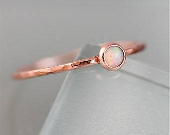 Opal 14k Rose Gold Ring Hammered Birthstone October Solid Rose Gold Thin Stacking Ring Spacer Ring 3mm Stone 1mm Band Eco Friendly Recycled