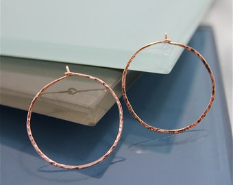Rose Gold Hoops 1" SOLID 14K Rose Gold Hammered Texture Gold Hoops Recycled Eco-Friendly