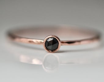 Black Diamond Ring 14k Rose Gold 1mm Hammered Band with 3mm Black Rose Cut Diamond Bezel Setting Sustainable Recycled 14k Rose 18k Options