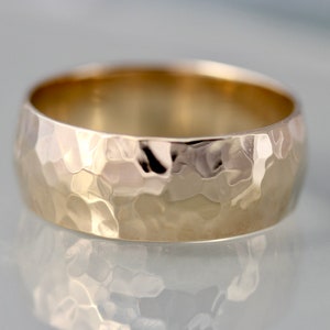 14k Wide Hammered Gold Ring Solid Yellow Gold 8mm Classic Dome Men&#39;s Or Women&#39;s Wedding Band Half Round Ring Sustainable Recycled Gold