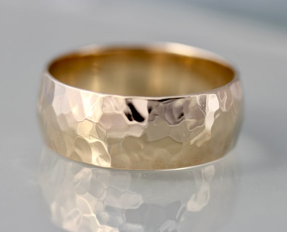 14k Wide Hammered Gold Ring Solid Yellow Gold 8mm Classic Dome