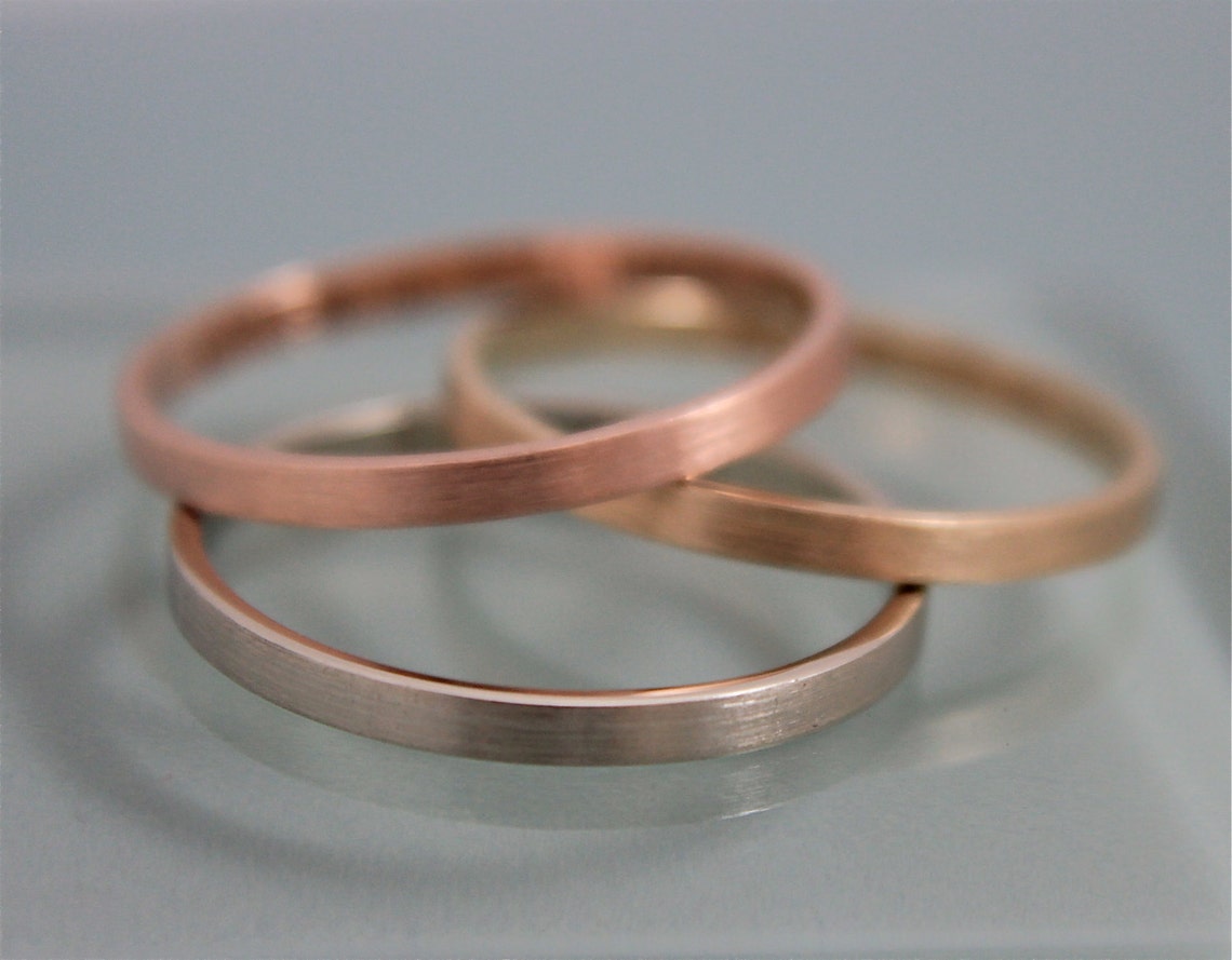 Tri Color Wedding Rings Set of 3 2mm Brushed 14k Solid | Etsy