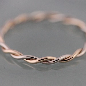 Twist Ring Two Tone 14k SOLID Gold Very Skinny Twisted Rope Infinity Band Stacking Ring Mixed Metals Yellow Gold and White Gold Shiny Finish