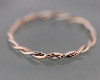 Twist Ring Two Tone 14k SOLID Gold Very Skinny Twisted Rope Infinity Band Stacking Ring Mixed Metals Yellow Gold and White Gold Shiny Finish
