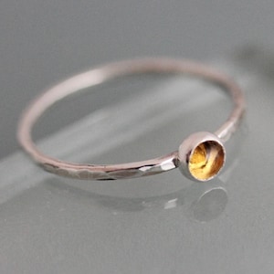 Silver Citrine Ring November Birthstone Sterling Silver Hammered 1.3mm Band 4mm Gemstone Yellow Stone 14k Rose Gold Yellow Gold Option