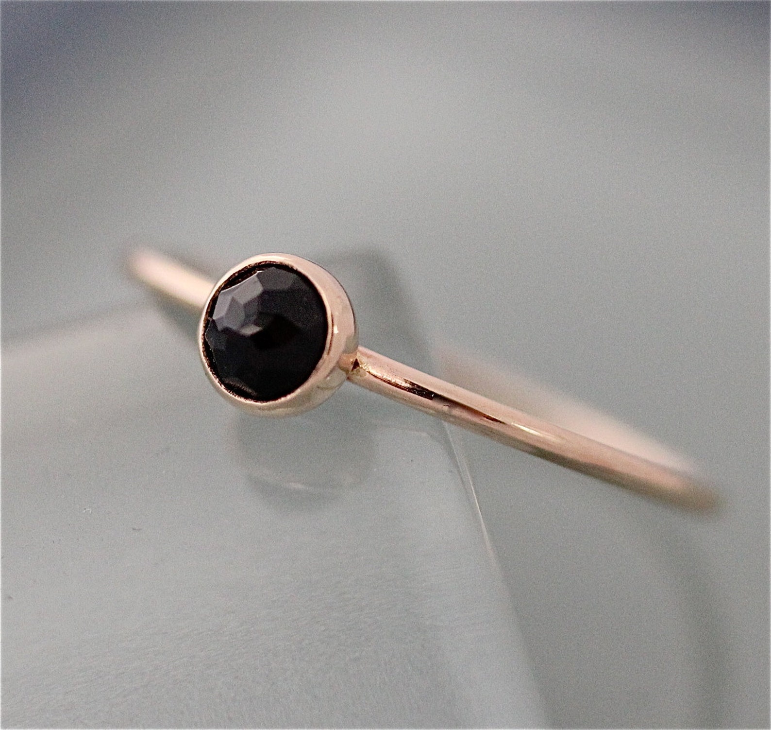 Black Spinel 14k Yellow Gold Ring, Thin Stacking Band Rose Gold Option ...