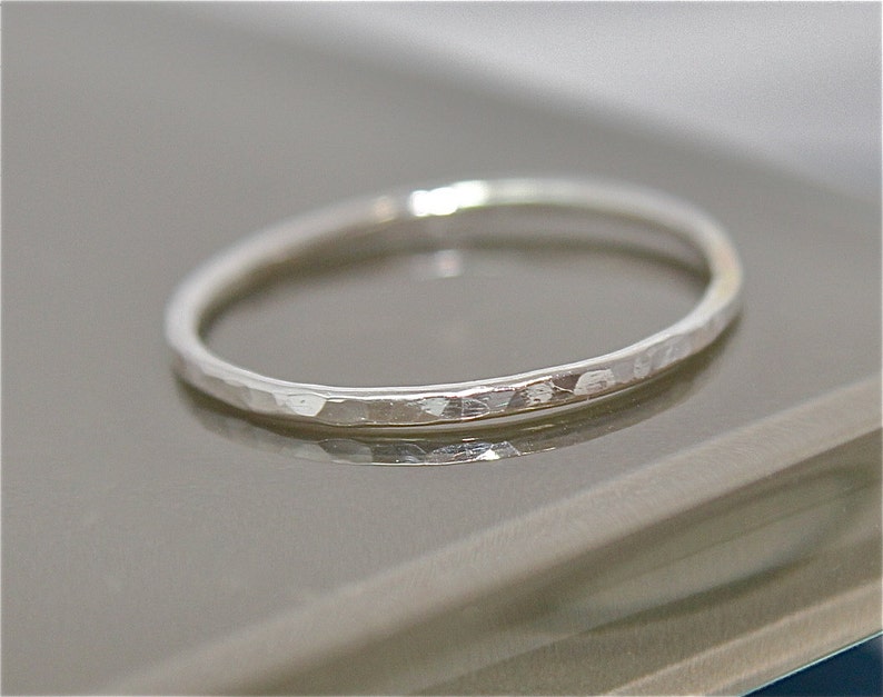 Silver Ring Thin Sterling Silver 1mm Ring Hammered Stacking Band Faceted Shiny Finish image 3