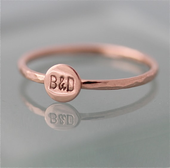Letter Ring 14k Gold Double Initial and Ampersand Personalized Rose Gold  Hammered Band Circle Disc Stamped Monogram Initial Stacking Ring