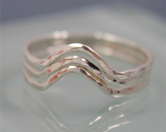 Single Sterling Silver Chevron Wave Hammered Stacking Band Ring Stack Spacer Faceted Shiny Finish Eco Friendly Recycled Silver Gift