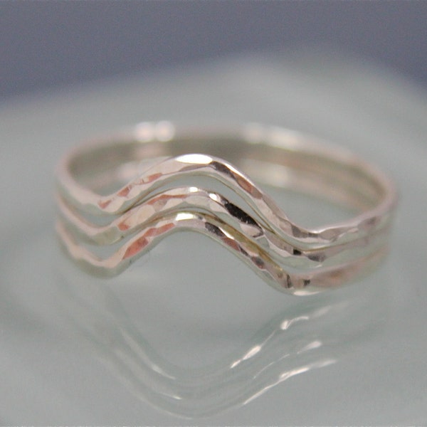 Single Sterling Silver Chevron Wave Hammered Stacking Band Ring Stack Spacer Faceted Shiny Finish Eco Friendly Recycled Silver Gift