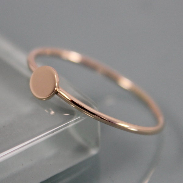 Tiny Dot Ring 14k SOLID Yellow Gold Band with Hand Cut Circle Disc Stamped Initial Monogram Letter Stacking Ring EcoFriendly Recycled Gold