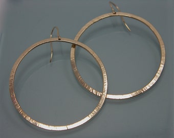 Solid Gold Dangle Hoops 2" SOLID 14K Yellow Gold Large Wavy Hammered Hoops Recycled Eco-Friendly