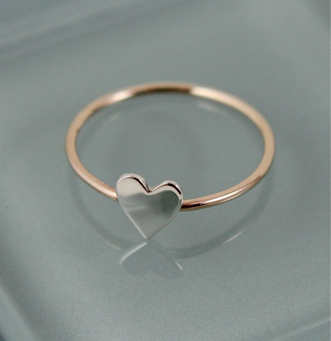 Tiny Heart Ring 14k SOLID Gold 1mm Band With Sterling Silver - Etsy