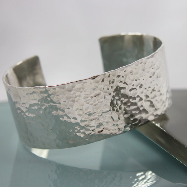 Hammered Cuff Sterling Silver Wide Chunky Adjustable Cuff Statement Bracelet EcoFriendly Recycled Silver by Tinysparklestudio