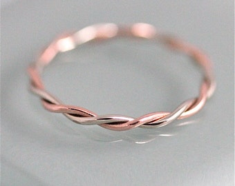 Relaxed Twist Ring Two Tone 14k SOLID Gold Very Skinny Twisted Rope Infinity Band Stacking Ring Mixed Metals Rose Gold and White Gold Shiny