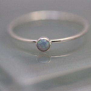 Silver Ring Opal  October  Birthstone Sterling Silver 1mm Band 3mm Iridescent Stone 14k Rose Gold Yellow Gold Option