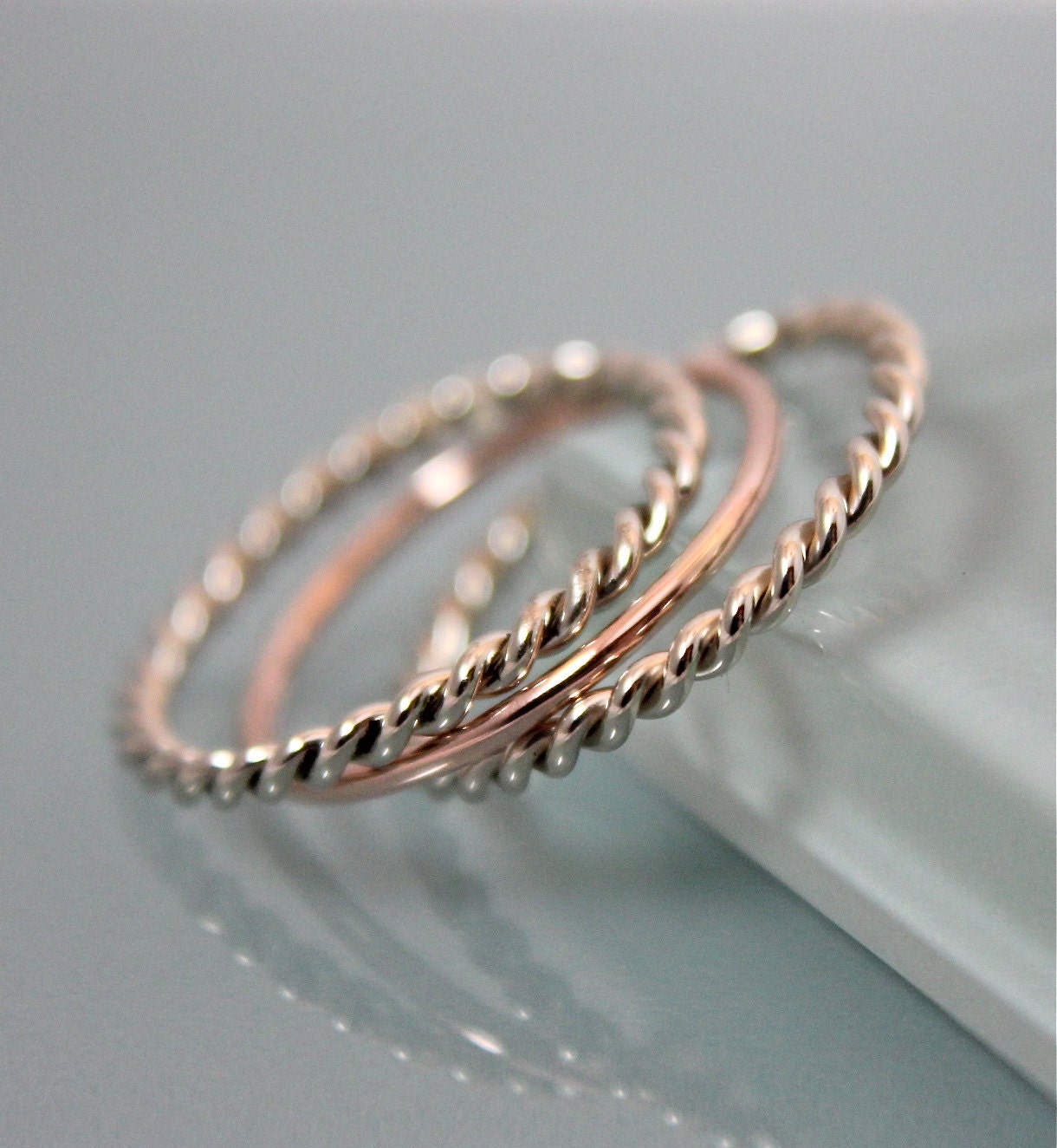 3 Rings 14k SOLID Mixed Gold Stack 2 White Gold Skinny Rope Twist ...