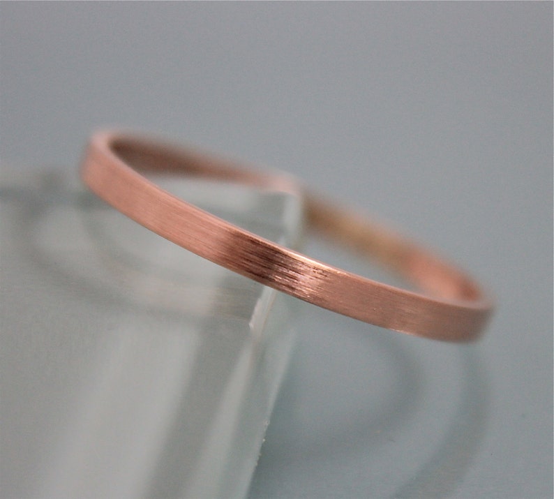 Rose Gold Wedding Band 2mm Brushed 14k Solid Classic Rectangle Square Sides Flat Stacking Ring Satin Finish