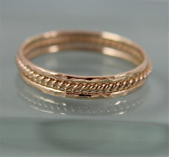 Gold Twist Ring Stack 14k SOLID Yellow Gold Skinny Rope Twist