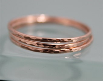 Skinny Ring Stack Rose Gold Set of 3 SOLID 14k Rose Gold Thin 1mm Hammered Stacking Band Rings Eco Friendly Recycled By Tinysparklestudio