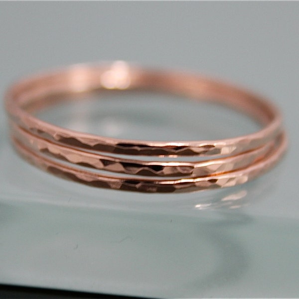 Skinny Ring Stack Rose Gold Set of 3 SOLID 14k Rose Gold Thin 1mm Hammered Stacking Band Rings Eco Friendly Recycled By Tinysparklestudio