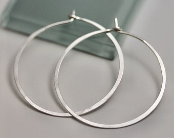 Silver Hoops Large 1 1/2" Sterling Silver Flat Hammered Satin Hoop Earrings