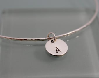 Initial Bangle Charm Personalized Gold Filled or Recycled Silver Letter Sparkle Bangle Hand Hammered Finish Stacking Bracelet