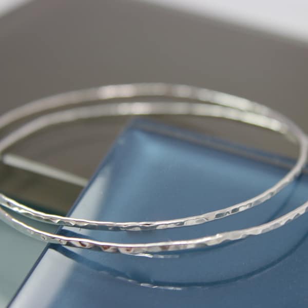 Set of 2 Sterling Silver Sparkle Bangle Hand Forged Hammer Texture Bright Finish Stacking Bracelet