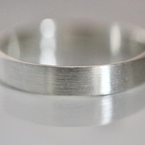 Silver Ring Flat Brushed Satin Matte Recycled Sterling Silver Rectangle 4mm Wide Basic Stacking Band Men&#39;s Wedding Ring