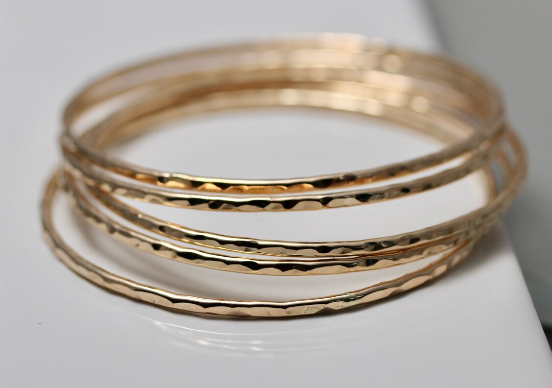 Thick Gold Bangles Set of 5 Bangle Bracelets 2mm Thick Hammered 14k