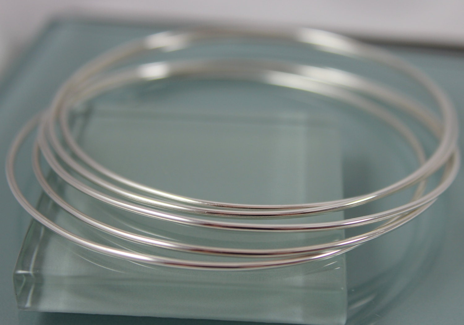 Sterling Silver Thin Bangle Set of Five Hand Forged Smooth Shiny Bright  Finish Stacking Bracelet 