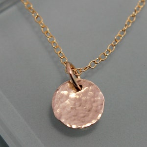 May include: A gold chain necklace with a hammered gold circle pendant.