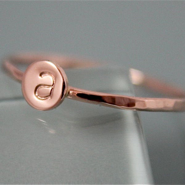 Rose Gold Personalized Letter Ring 14k Hammered Band with Hand Cut Circle Disc Stamped Stacking Ring Personalized Monogram Init