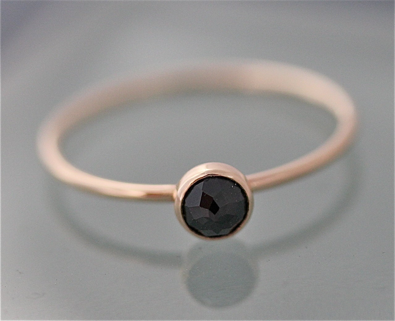 Black Spinel 14k Yellow Gold Ring, Thin Stacking Band Rose Gold Option ...