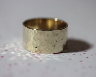 Cigar Band 14k Solid Gold Wide Hammered Ring 10mm Wide Wedding Ring Statement Ring Eco Friendly Recycled Gold