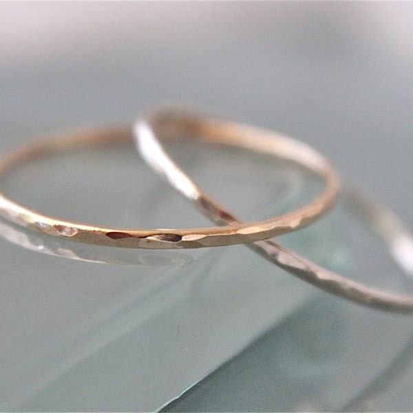 14k Solid Gold Two Interlocked Thin 1mm Hammered Rings, Puzzle, Wedding, Rolling, Yellow, Rose or White Gold