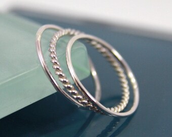 Skinny Ring Stack 3 Silver Stack Rings 1 Rope Twist Infinity Ring and 2 Thin Round Simple Stacking Band Ring Shiny Finish