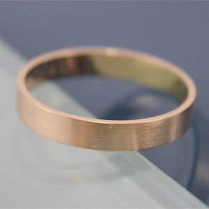 14k 4mm Wedding Ring Flat Brushed 14k Solid Yellow Recycled Gold  Men's or Women's Rectangle Ring Satin Finish Rose or White Gold Option