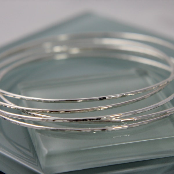 Silver Bangles Bracelets Sterling Sparkle Thin Bangle Set Of Five  1.3mm Hammer Texture Shiny Stacking Bracelet Eco Friendly Recycled Silver