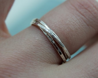 Rolling Ring Sterling Silver 3 Wedding Band Interlocked Wedding Ring Thin Hammered Bands 14k Rose or Yellow Gold Option